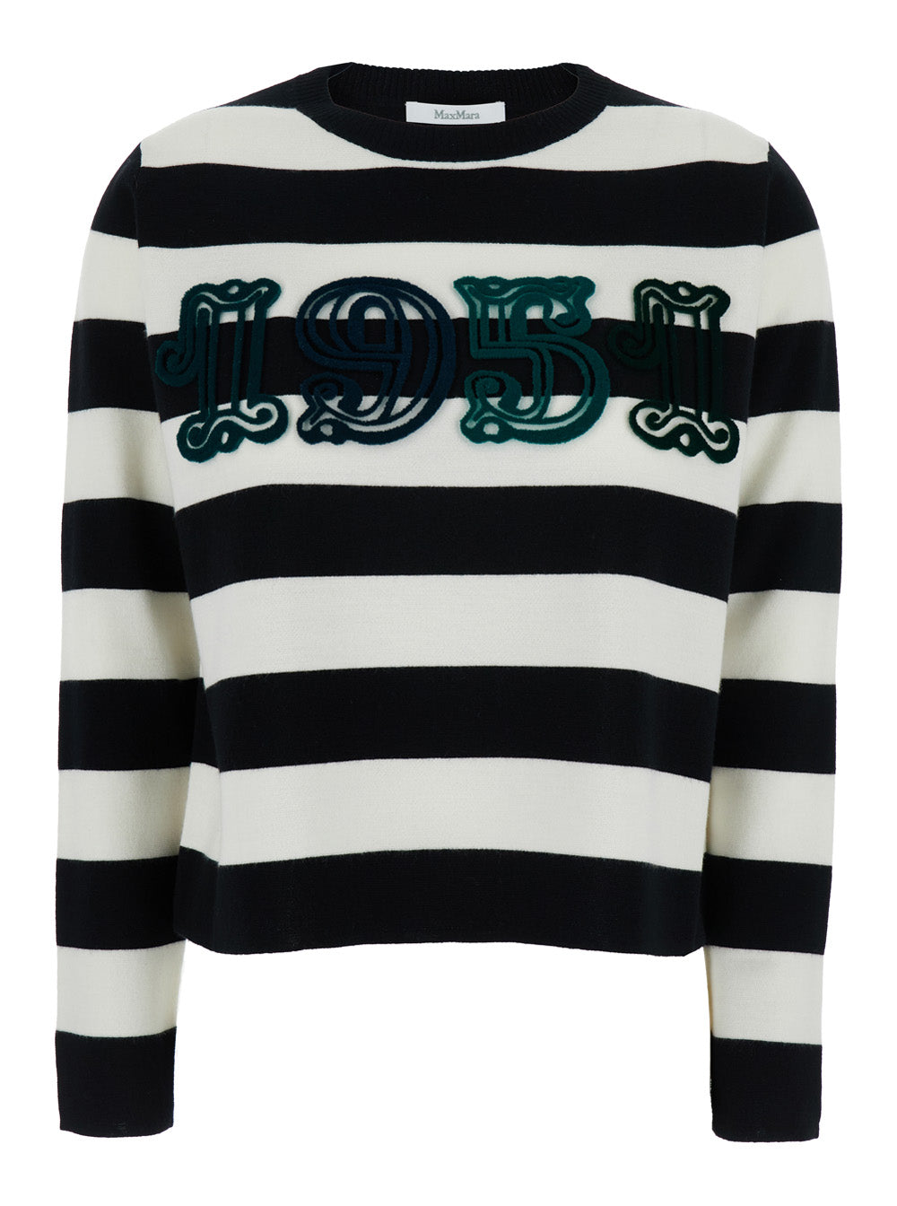 MAX MARA Max Mara Women 'Viterbo' Black And White Crewneck Sweater With Embroidery On The Front And All-Over Striped Motif In Wool Woman