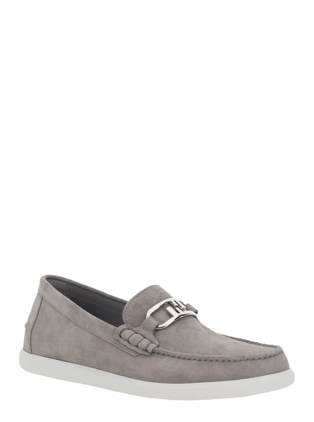 FENDI Fendi Men Grey Loafers With Ff Metal Buckle And Contrasting Sole In Suede Man
