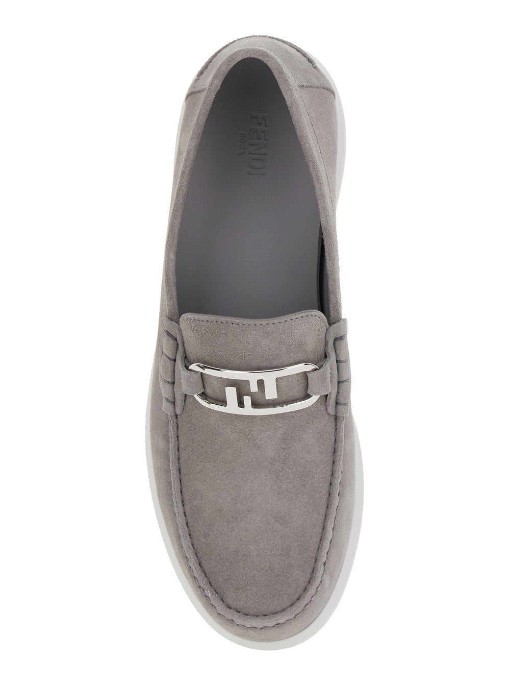 FENDI Fendi Men Grey Loafers With Ff Metal Buckle And Contrasting Sole In Suede Man