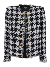 BALMAIN Balmain Women 'Spencer' Black And White Jacket With All-Over Check Motif And Fringed Hem In Cotton Blend Woman