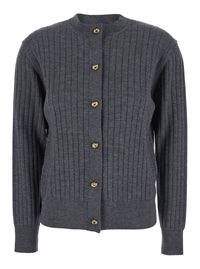 Bottega Veneta Women Grey Crewneck Cardigan With Knot Buttons Closure And Ribbed Knit In Wool Woman