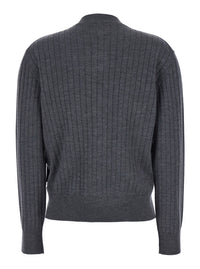 Bottega Veneta Women Grey Crewneck Cardigan With Knot Buttons Closure And Ribbed Knit In Wool Woman