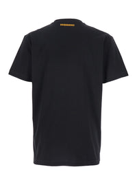 Dsquared2 Men Black Crewneck T-Shirt With Print On The Front And Logo Lettering On The Rear In Cotton Man