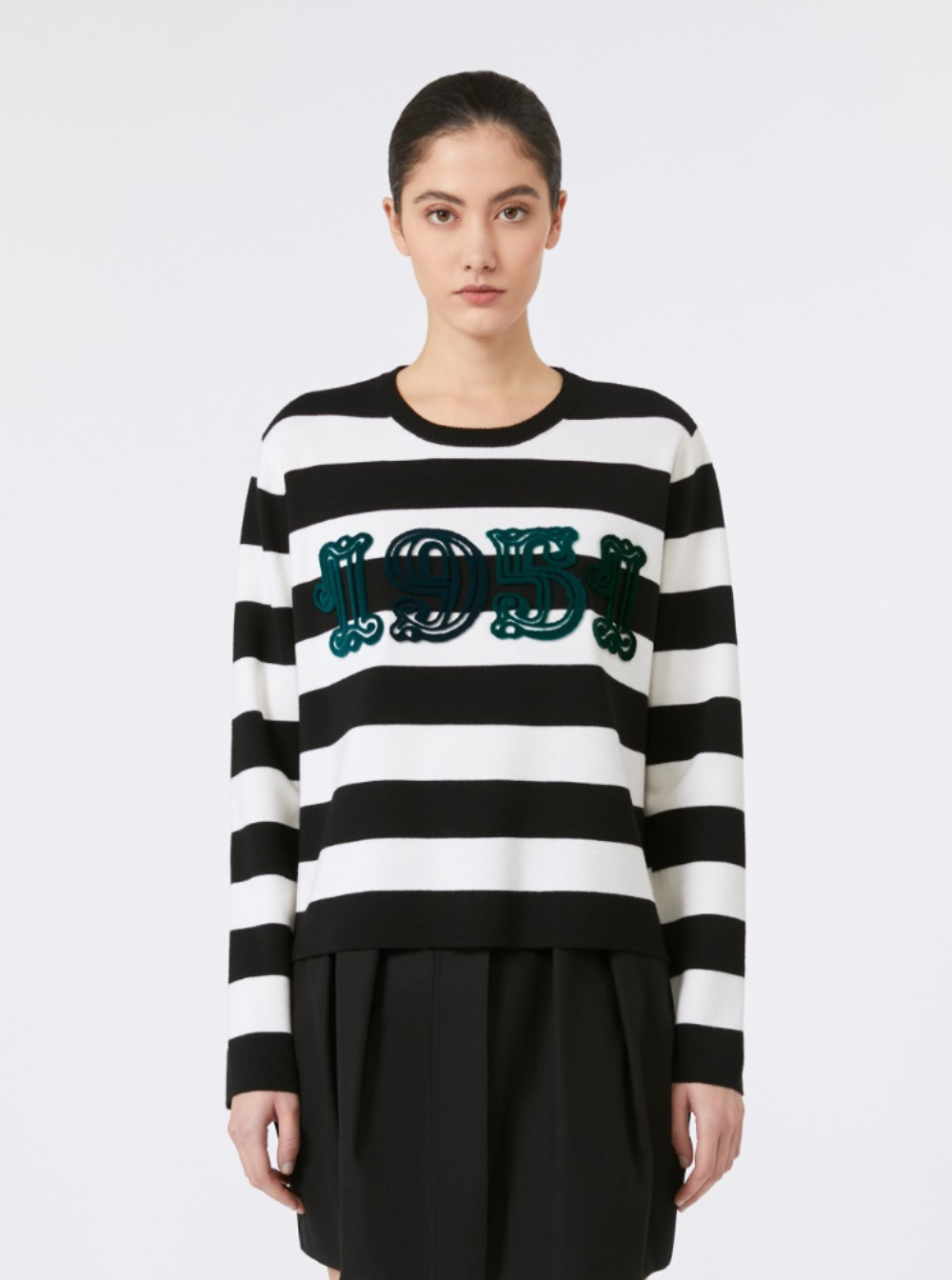 MAX MARA Max Mara Women 'Viterbo' Black And White Crewneck Sweater With Embroidery On The Front And All-Over Striped Motif In Wool Woman
