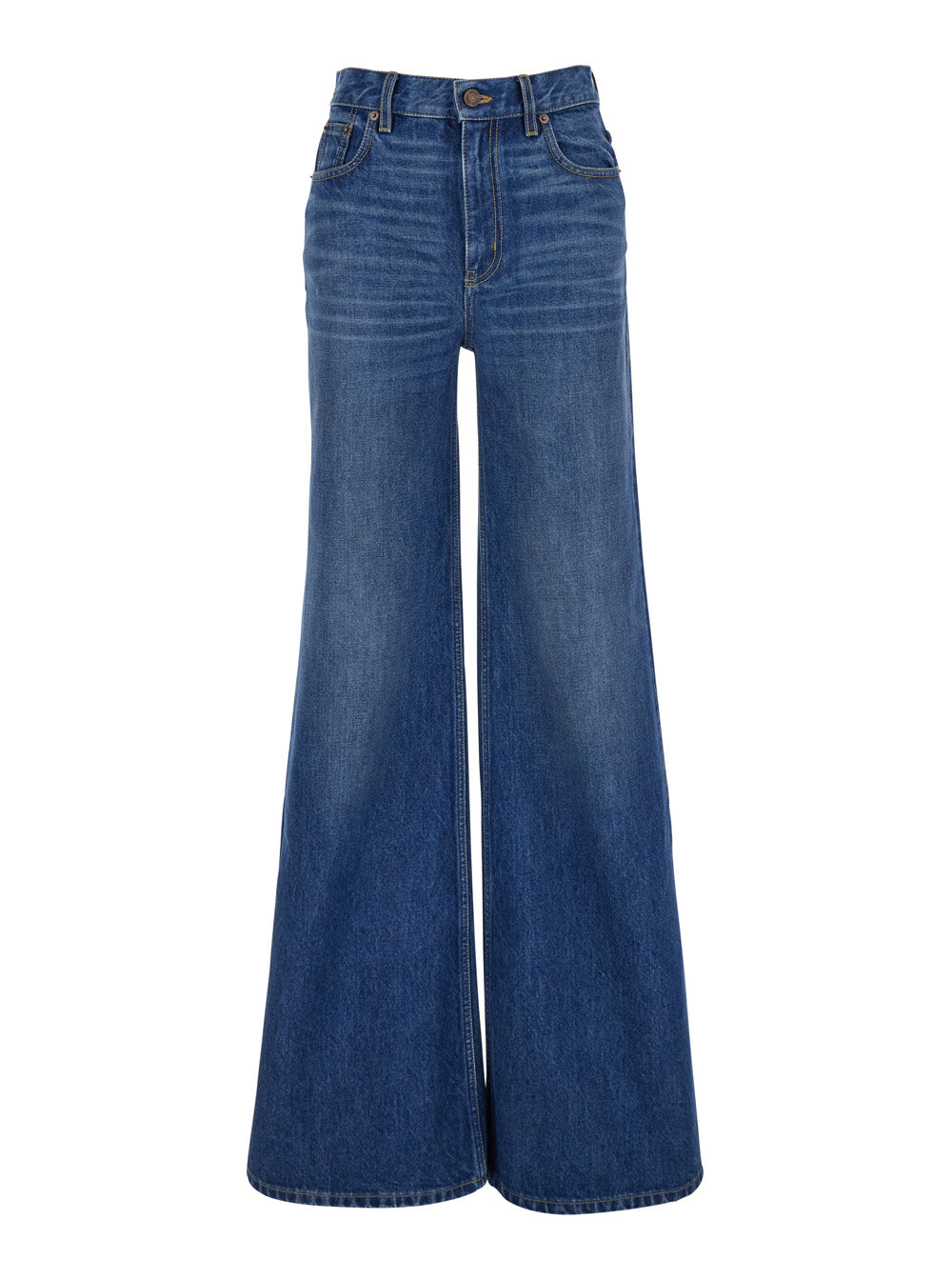 Chloé Women Blue High Waisted Jeans With Wide Leg And Logo Patch On The Rear In Denim Woman