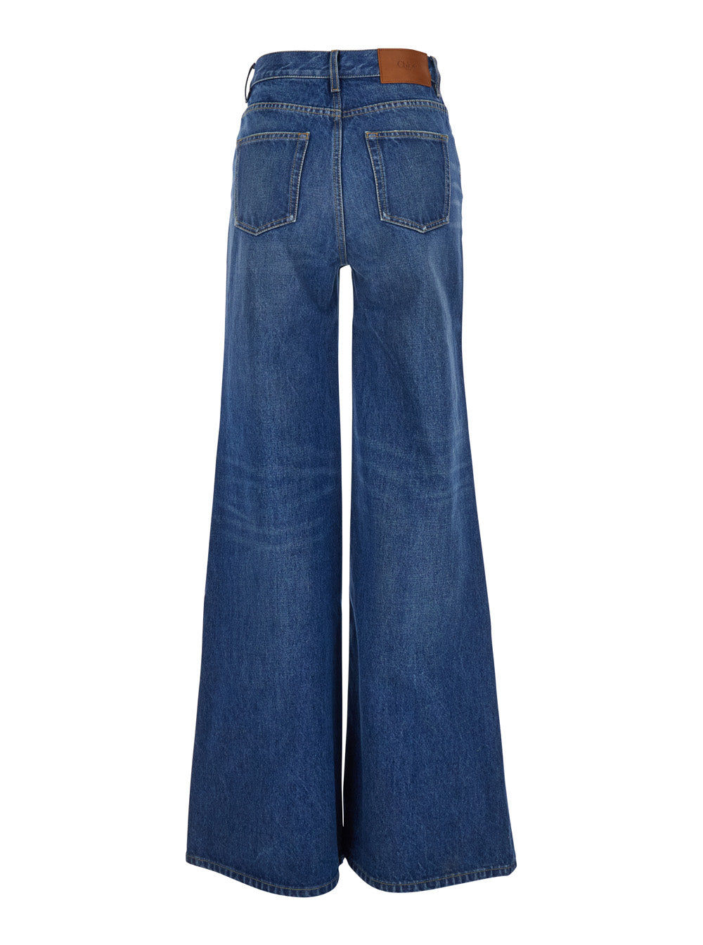 Chloé Women Blue High Waisted Jeans With Wide Leg And Logo Patch On The Rear In Denim Woman
