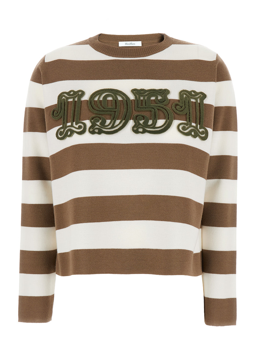 MAX MARA Max Mara Women 'Viterbo' Beige Crewneck Sweater With Embroidery On The Front And All-Over Striped Motif In Wool Woman