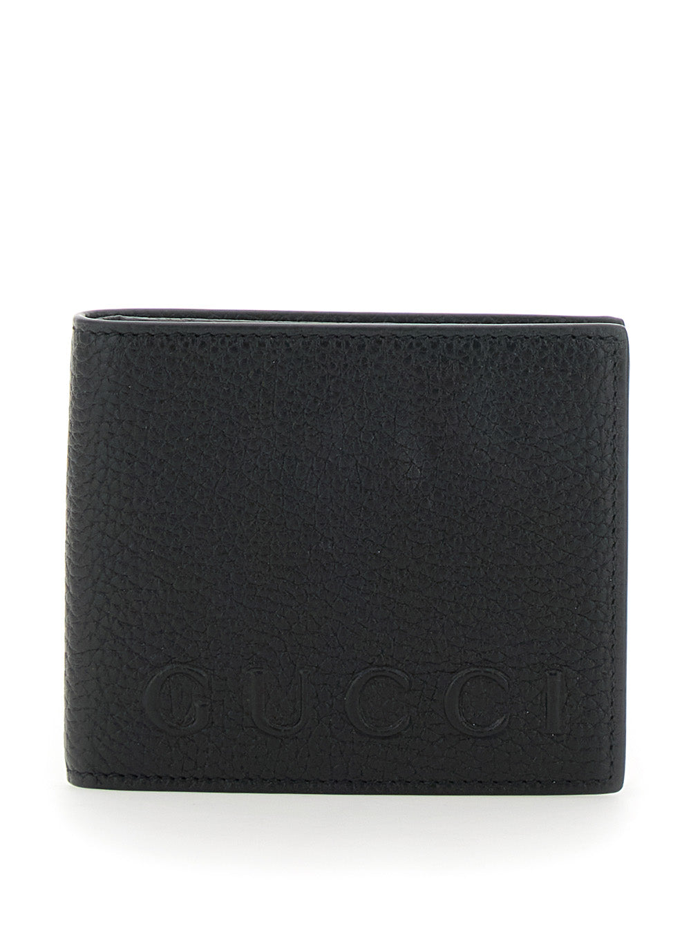 Gucci Men Black Bi-Fold Wallet With Embossed Logo Lettering On The Front In Grained Leather Man