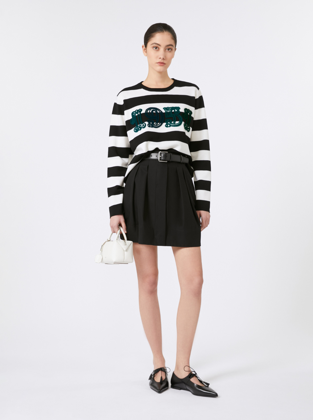 MAX MARA Max Mara Women 'Viterbo' Black And White Crewneck Sweater With Embroidery On The Front And All-Over Striped Motif In Wool Woman