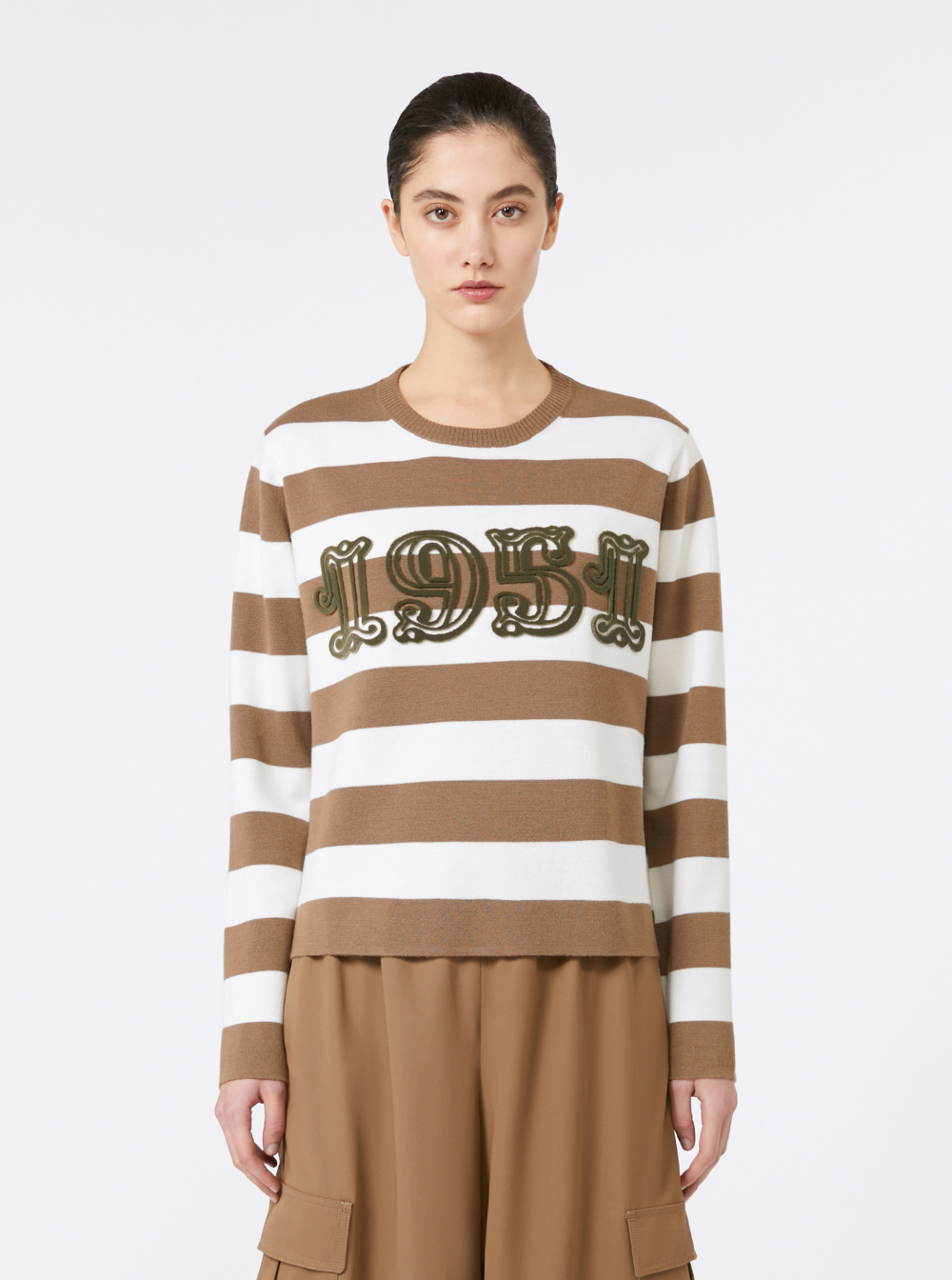 MAX MARA Max Mara Women 'Viterbo' Beige Crewneck Sweater With Embroidery On The Front And All-Over Striped Motif In Wool Woman