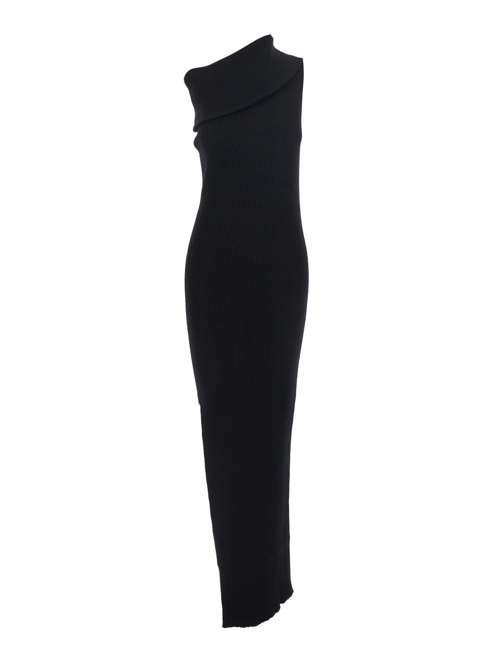 Rick Owens Women 'Athena' Black Ribbed Knit Sleeveless Asymmetric Long Dress With Wide Neckline In Viscose Blend Woman