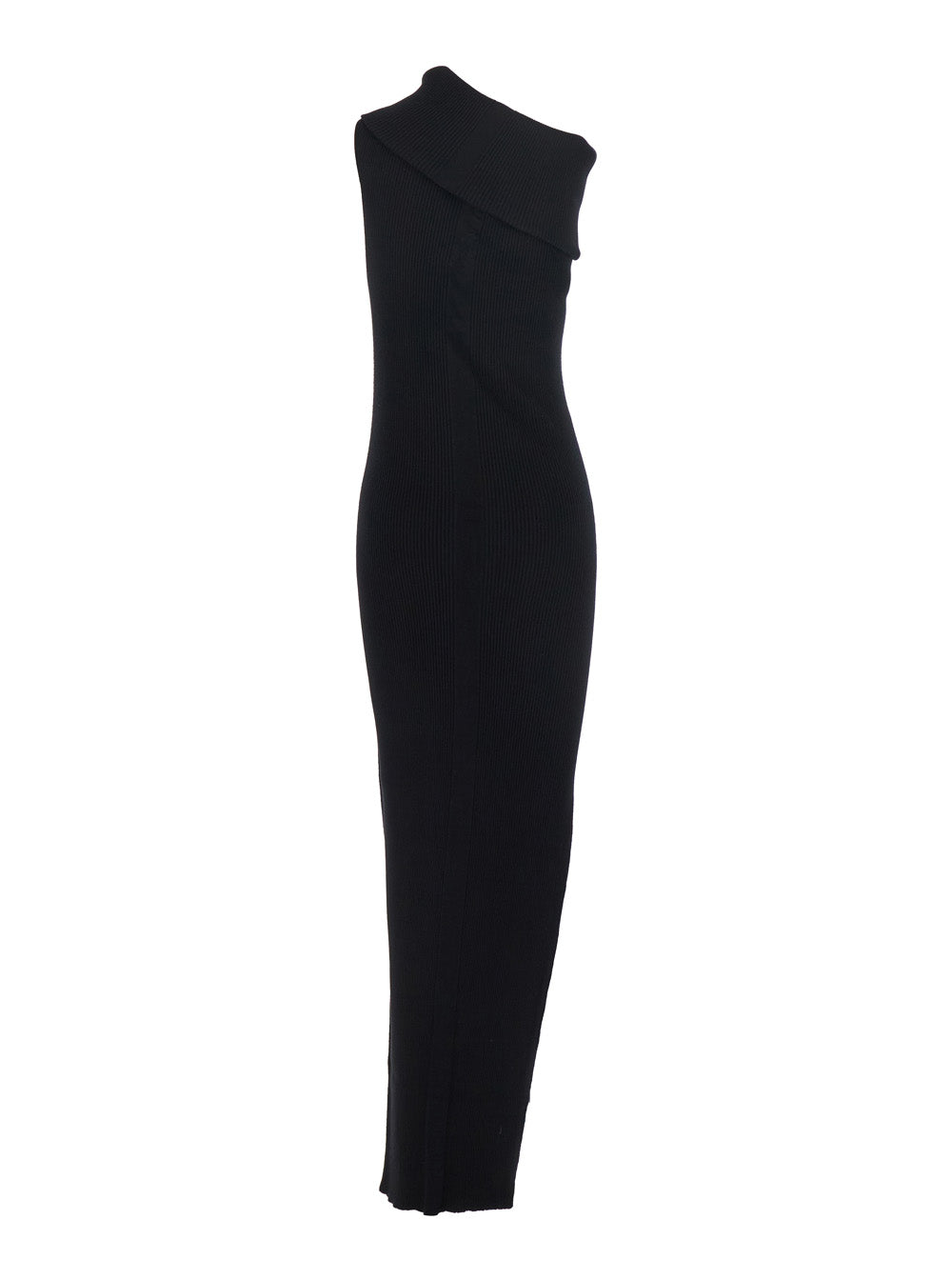Rick Owens Women 'Athena' Black Ribbed Knit Sleeveless Asymmetric Long Dress With Wide Neckline In Viscose Blend Woman