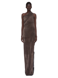 Rick Owens Women 'Athena Arrowhead' Brown Asymmetric Long Dress With Ruched Neckline And Side Single Slit In Viscose Blend Woman