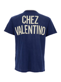 Valentino Men Blue Crewneck T-Shirt With Logo Lettering On The Rear In Cotton Man