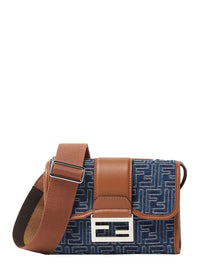 FENDI Fendi Men 'Baguette Double' Blue Crossbody Bag With Magnetic Ff Closure And All-Over Motif In Blue Cotton Man