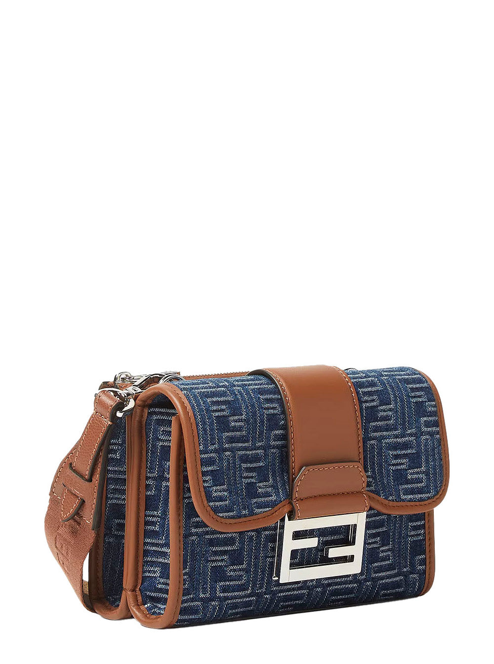FENDI Fendi Men 'Baguette Double' Blue Crossbody Bag With Magnetic Ff Closure And All-Over Motif In Blue Cotton Man