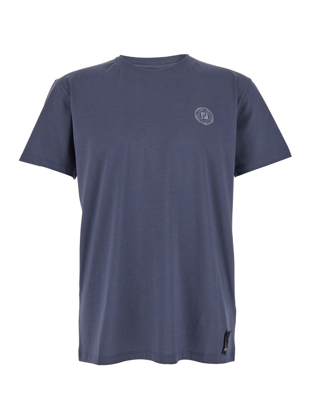 Fendi Men Blue Crewneck T-Shirt With Logo Print On The Front And Logo Patch On The Rear In Cotton Man