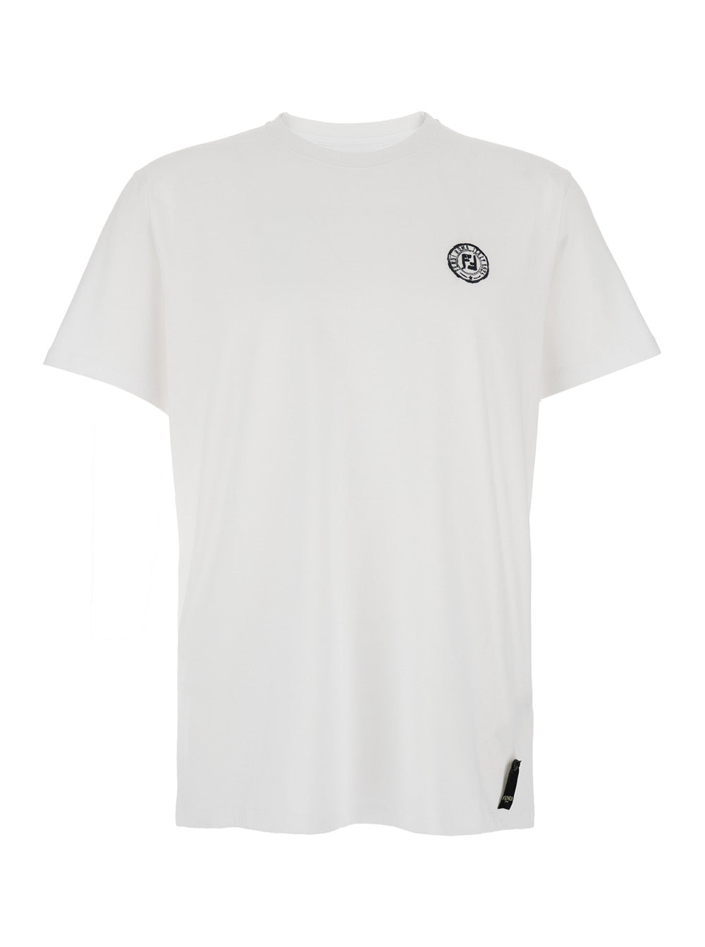 Fendi Men White Crewneck T-Shirt With Logo Print On The Front And Logo Patch On The Rear In Cotton Man