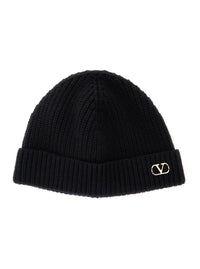 Valentino Garavani Men Black Knit Beanie With Vlogo On The Front In Cashmere Man
