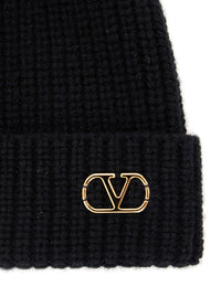 Valentino Garavani Men Black Knit Beanie With Vlogo On The Front In Cashmere Man