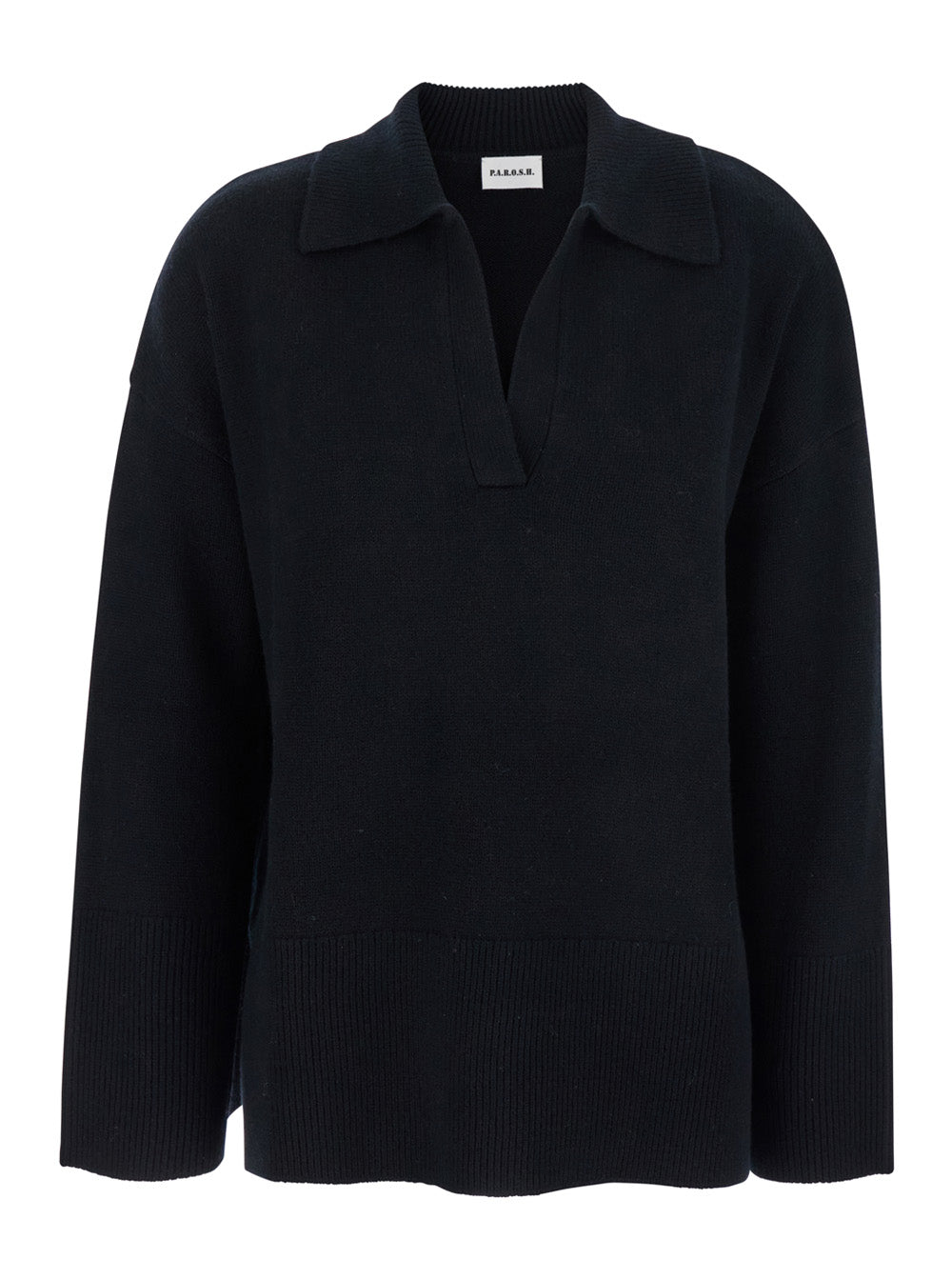 P.A.R.O.S.H. Women Black Sweater With Polo Shirt Style Collar And Dropped Shoulder In Wool And Cashmere Woman