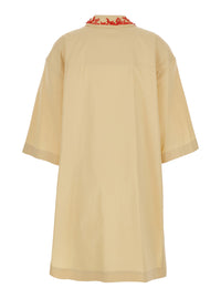 Fendi Women Beige Dress With Open Polo Shirt Style Collar And Embroidery On The Collar In Cotton Woman