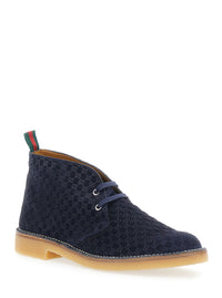 Gucci Men Blue Ankle Boots With Web Detail On The Heel And Low Heel In Gg Suede Man