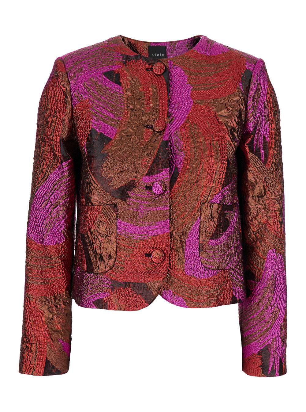 Leplain Women Fuchsia Collarless Jacket With All-Over Broccato Motif In Tech Fabric Woman