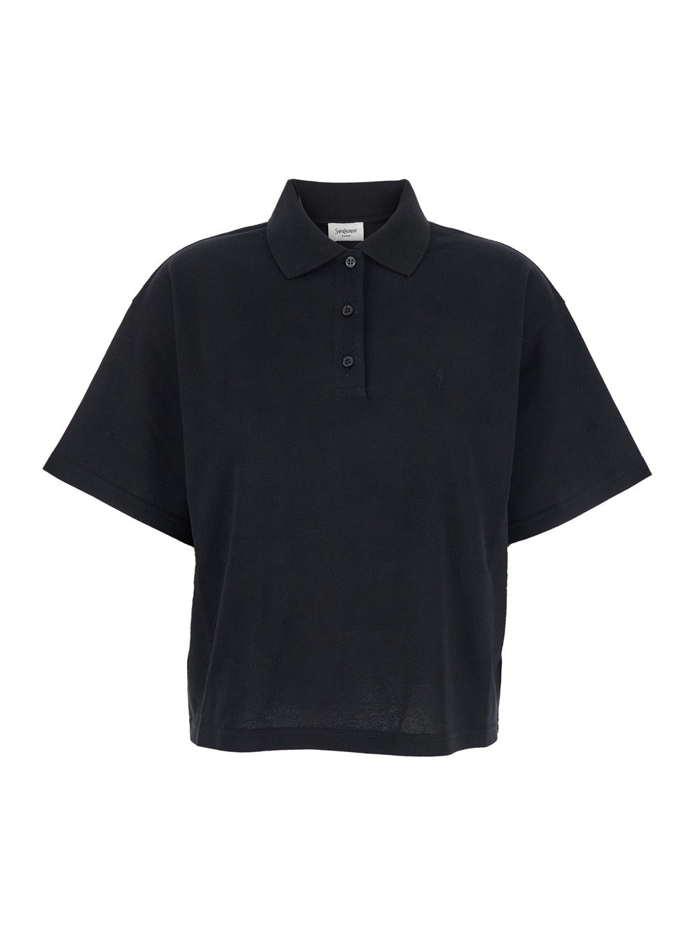 SAINT LAURENT Saint Laurent Women Black Oversize Polo Shirt With Classic Collar And Tonal Logo Embroidery On The Front In Cotton Piquet Woman
