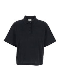 SAINT LAURENT Saint Laurent Women Black Oversize Polo Shirt With Classic Collar And Tonal Logo Embroidery On The Front In Cotton Piquet Woman