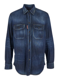 Dsquared2 Men Blue Shirt With Pointed Collar And Elbow Patches In Denim Man