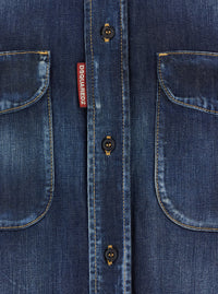 Dsquared2 Men Blue Shirt With Pointed Collar And Elbow Patches In Denim Man