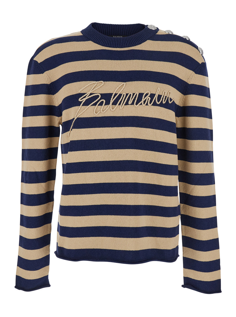 Balmain Men Blue Crewneck Sweater With Logo Lettering On The Front And All-Over Striped Motif In Wool Woman