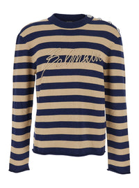 Balmain Men Blue Crewneck Sweater With Logo Lettering On The Front And All-Over Striped Motif In Wool Woman