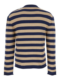 Balmain Men Blue Crewneck Sweater With Logo Lettering On The Front And All-Over Striped Motif In Wool Woman