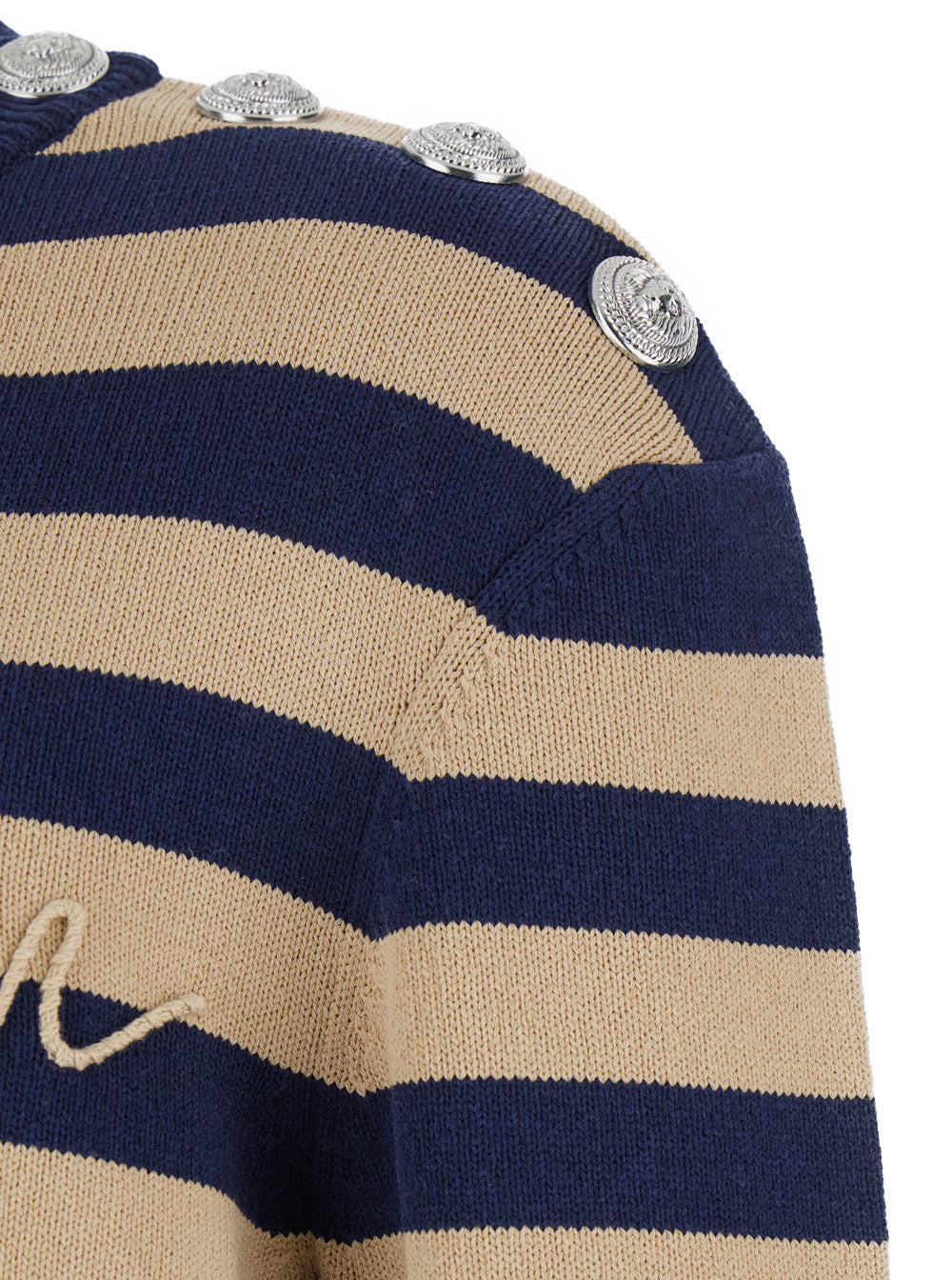 Balmain Men Blue Crewneck Sweater With Logo Lettering On The Front And All-Over Striped Motif In Wool Woman