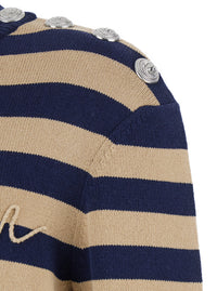 Balmain Men Blue Crewneck Sweater With Logo Lettering On The Front And All-Over Striped Motif In Wool Woman