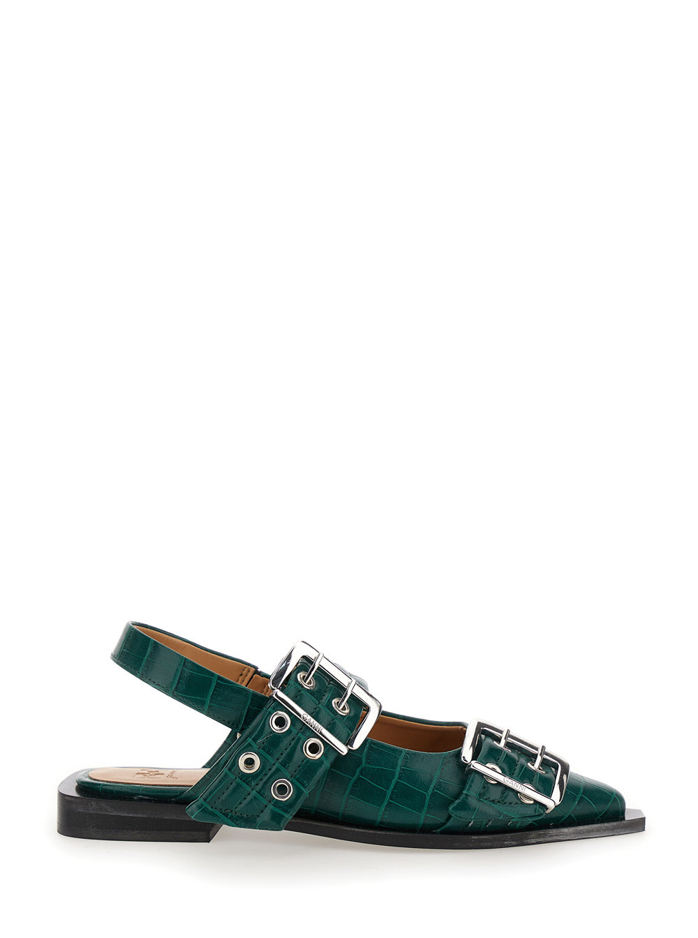 Ganni Women Green Ballet Shoes With Double Buckle And Pointed Design In Leather Woman