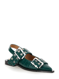 Ganni Women Green Ballet Shoes With Double Buckle And Pointed Design In Leather Woman