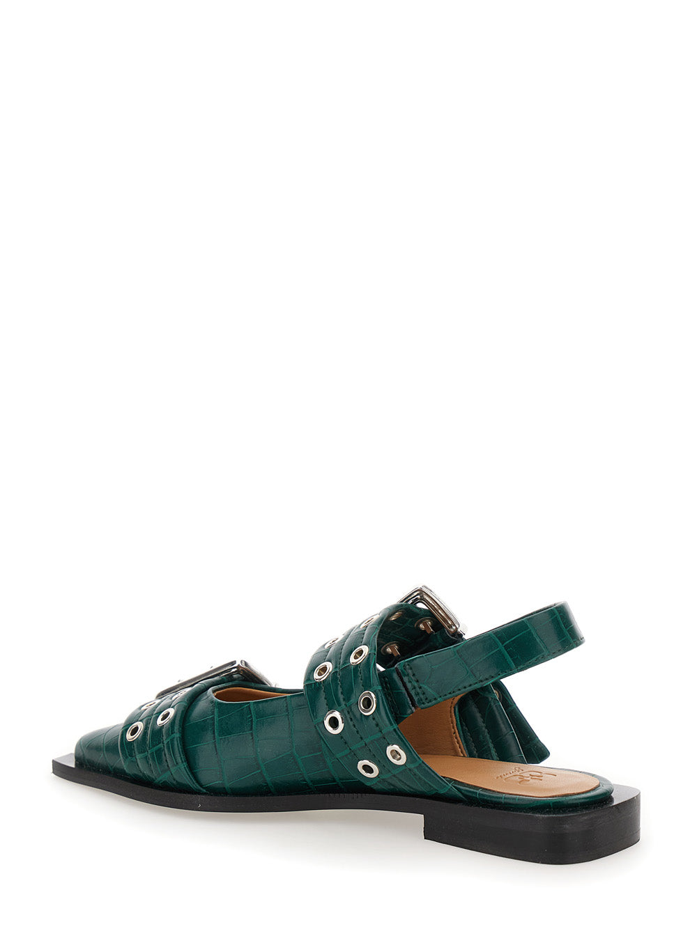 Ganni Women Green Ballet Shoes With Double Buckle And Pointed Design In Leather Woman