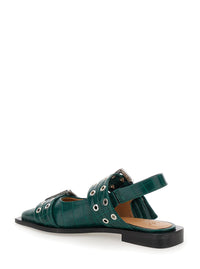 Ganni Women Green Ballet Shoes With Double Buckle And Pointed Design In Leather Woman