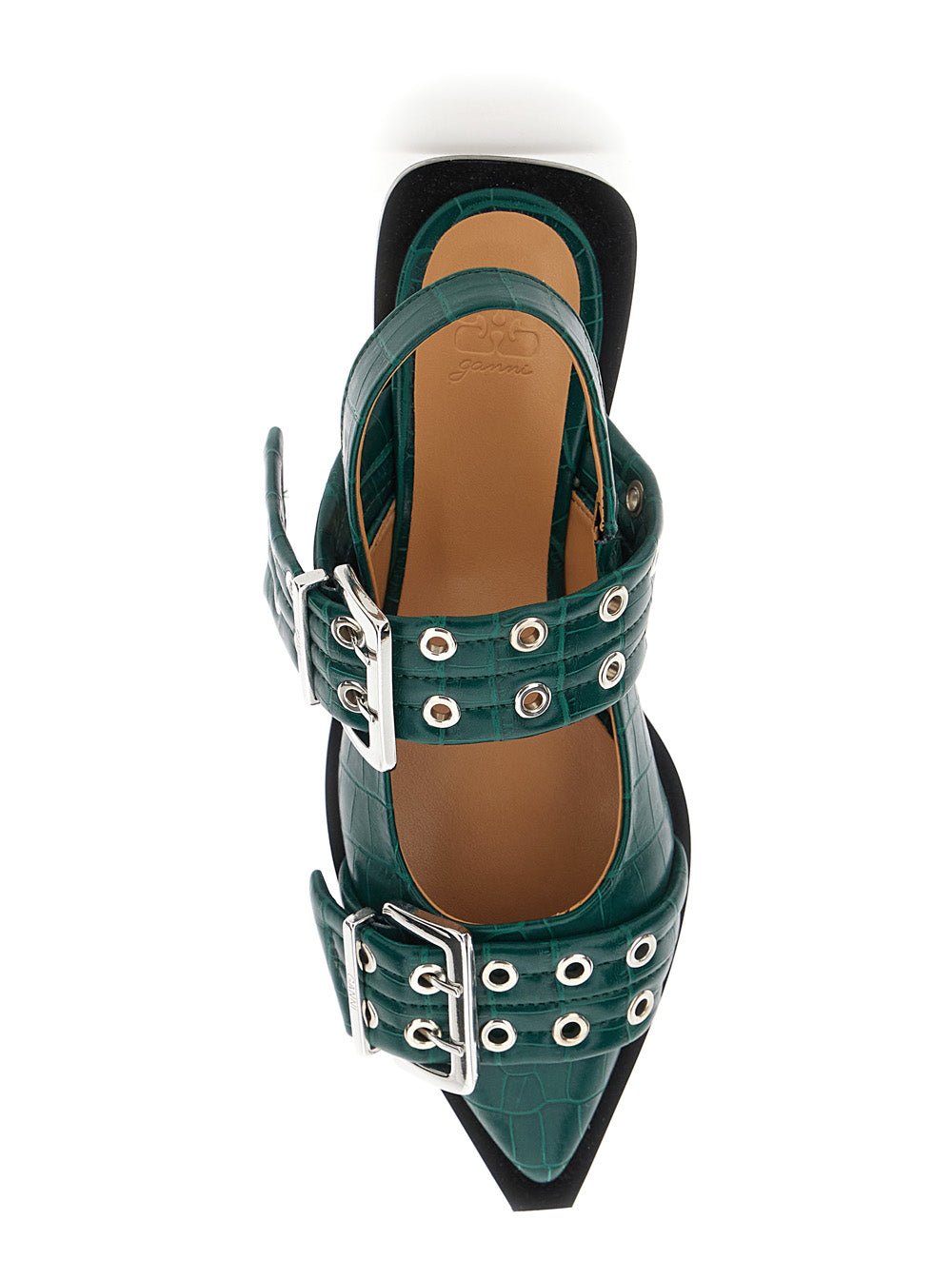 Ganni Women Green Ballet Shoes With Double Buckle And Pointed Design In Leather Woman