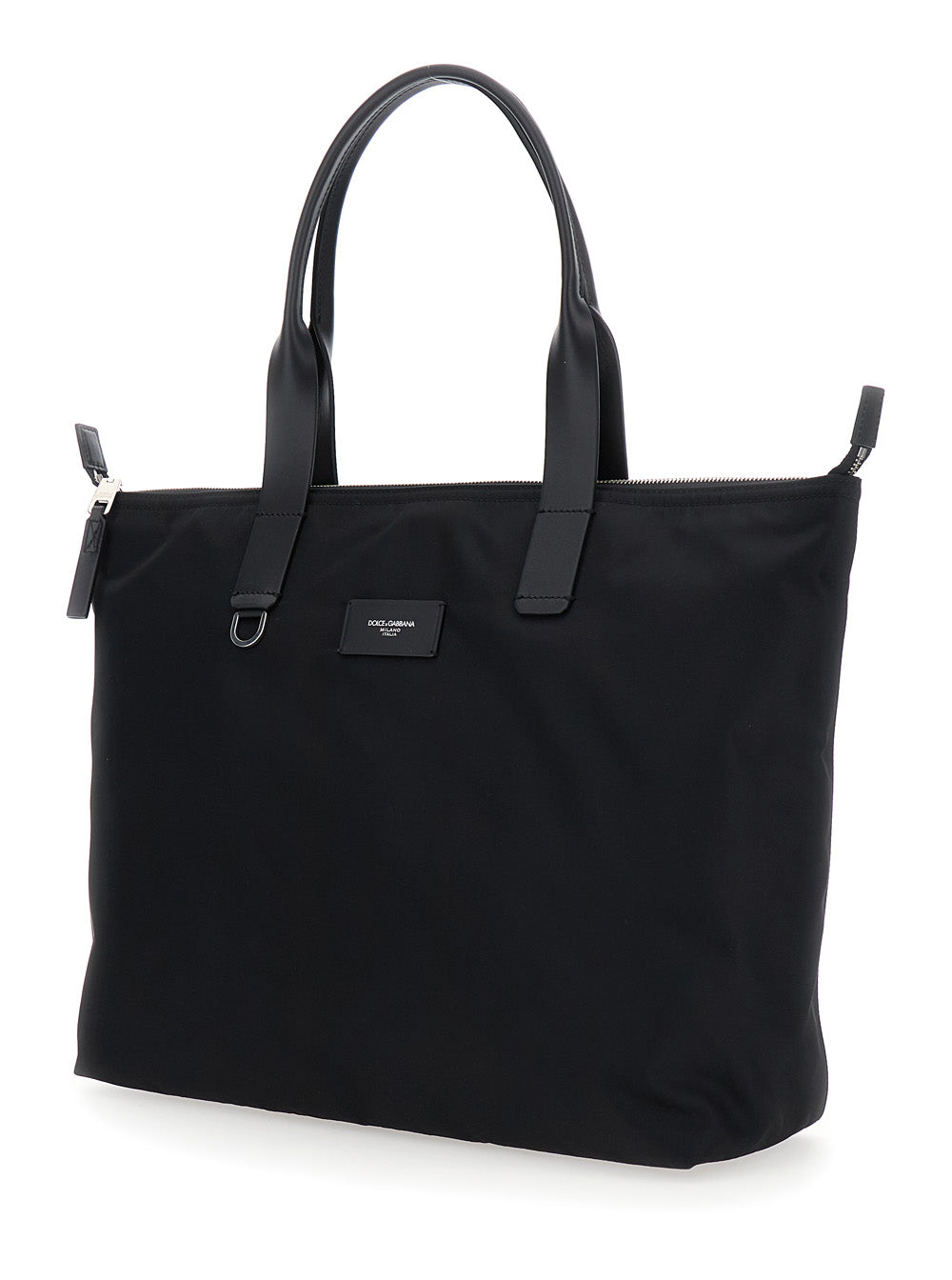 Dolce & Gabbana Men Black Tote Bag With Two Top Handles And Logo Plaque On The Front In Tech Fabric Man