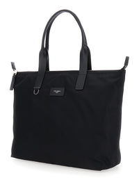 Dolce & Gabbana Men Black Tote Bag With Two Top Handles And Logo Plaque On The Front In Tech Fabric Man