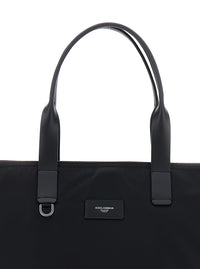 Dolce & Gabbana Men Black Tote Bag With Two Top Handles And Logo Plaque On The Front In Tech Fabric Man