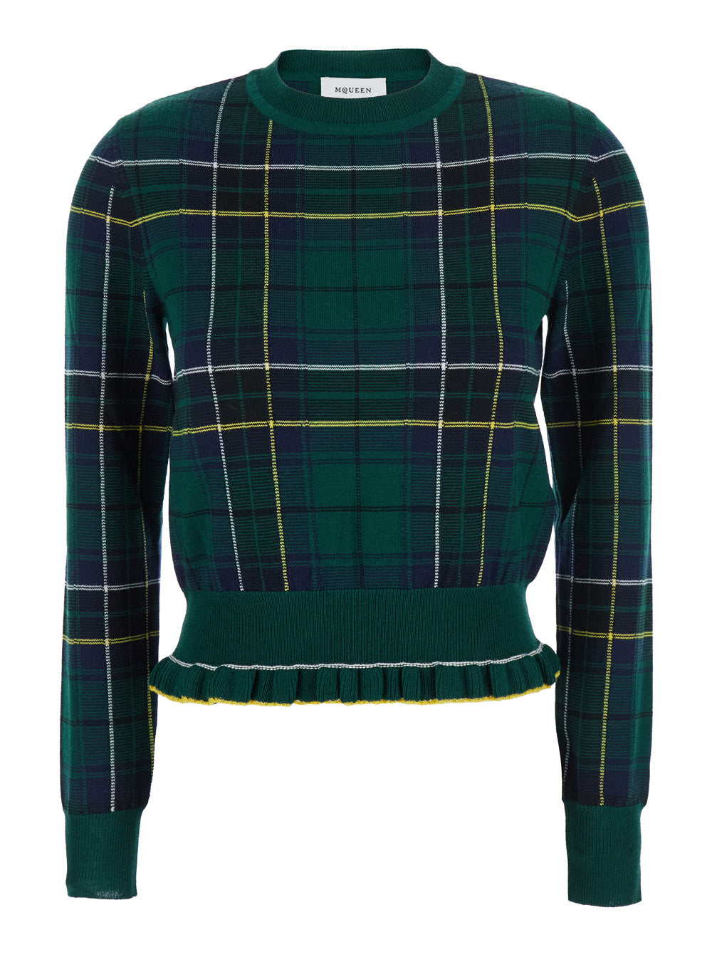 Alexander Mcqueen Women Green Crew Neck Sweater With Tartan Pattern And Fringed Hem In Wool Woman