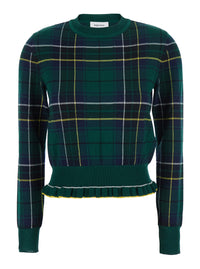 Alexander Mcqueen Women Green Crew Neck Sweater With Tartan Pattern And Fringed Hem In Wool Woman