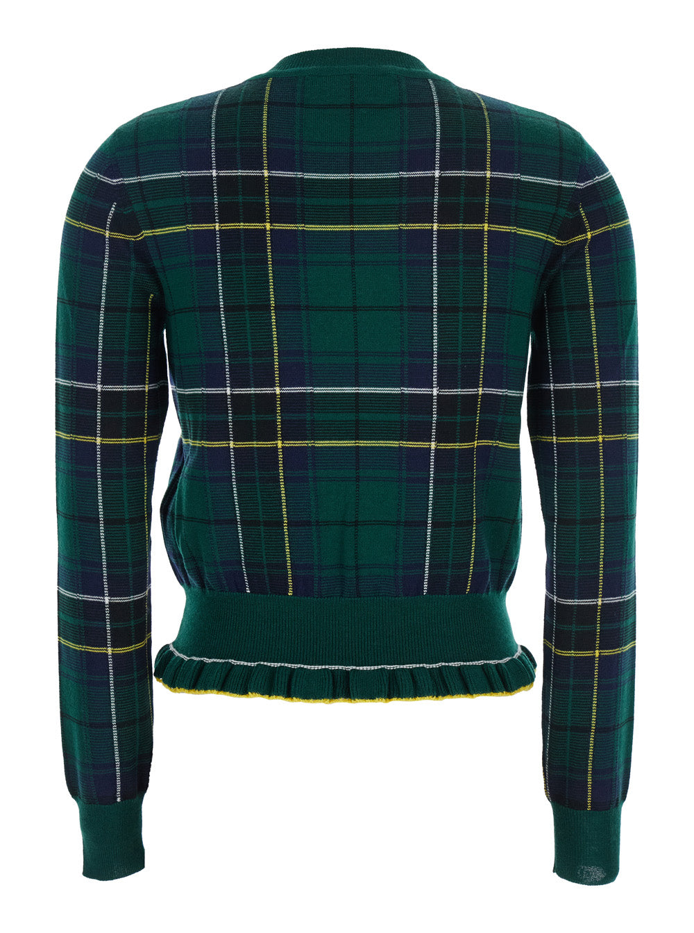Alexander Mcqueen Women Green Crew Neck Sweater With Tartan Pattern And Fringed Hem In Wool Woman