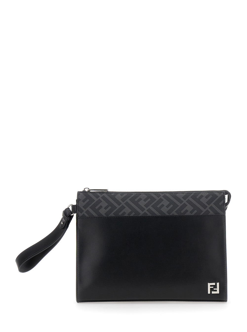 Fendi Men Black Cltuch With Ff Motif And Ff Logo Plaque In Leather Man