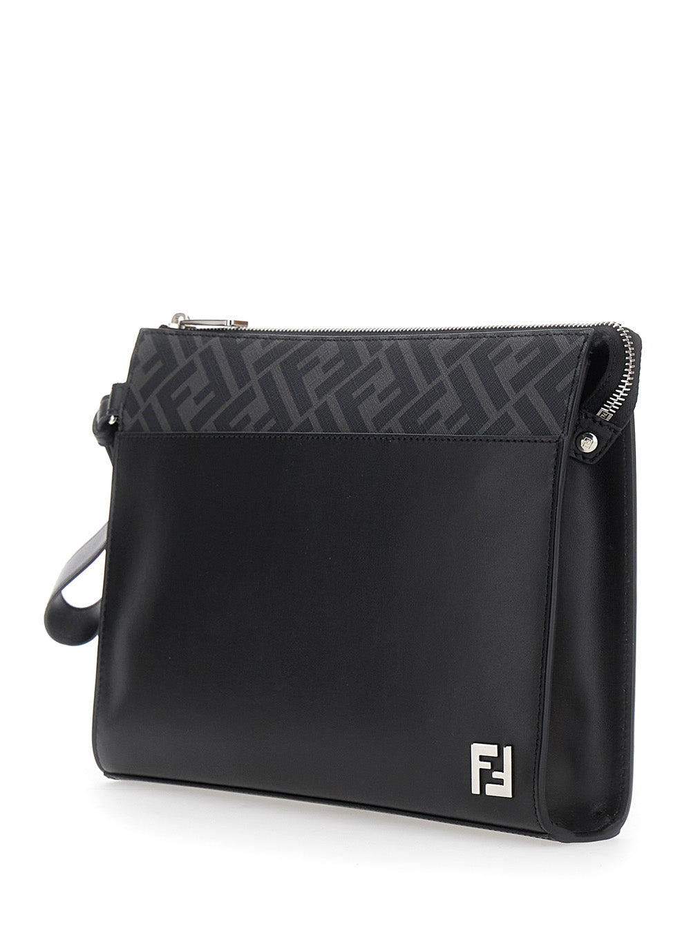 Fendi Men Black Cltuch With Ff Motif And Ff Logo Plaque In Leather Man